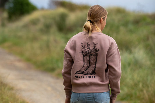 NZ Womens Crew Sweater Cowboy Boots Misty Ridge NZ Pink